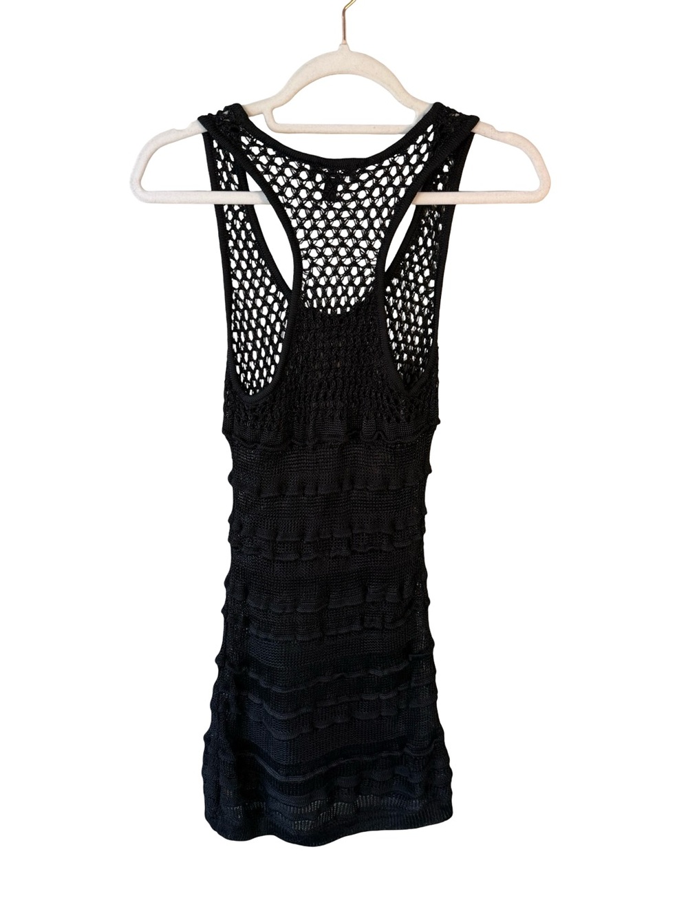bebe Black Open-Knit Crochet Mini Tank Dress Cover Up Size S Y2K Boho Beach - Picture 2 of 11